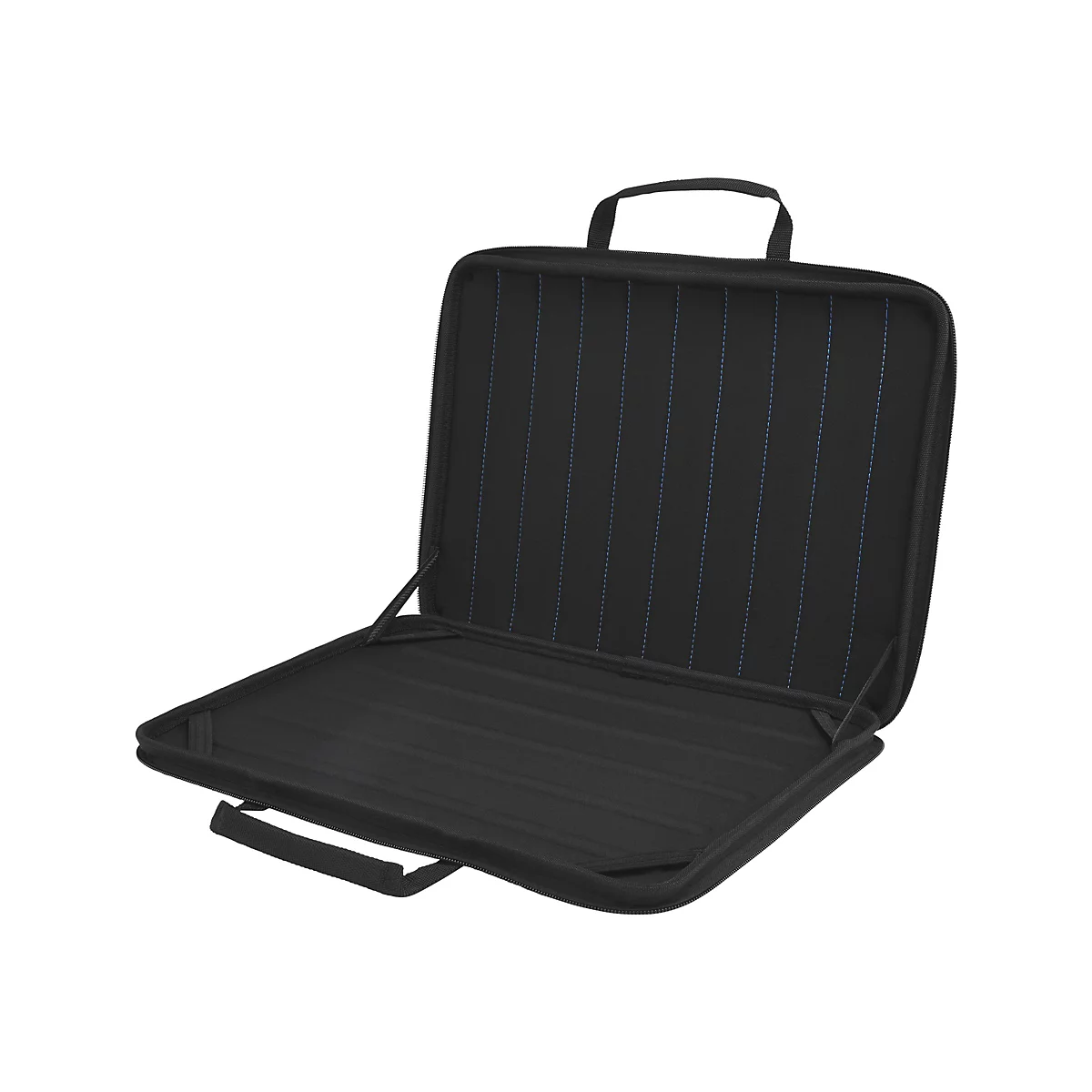 Schwarze, offene Laptoptasche mit Tragegriff und geriffelter InnenflÃ¤che.