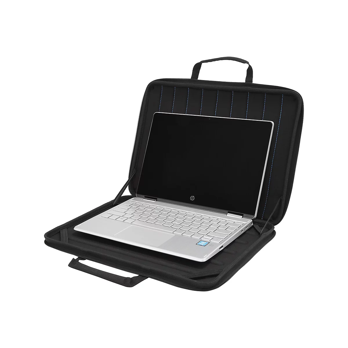 Schwarze Laptoptasche mit Henkel, darin ein silbernes HP-Notebook, das aufgeklappt ist.