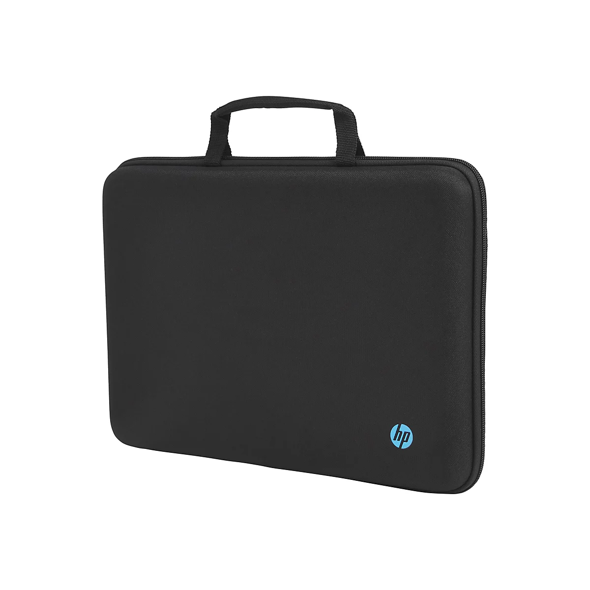 Schwarze Laptop-Tasche mit Griff, HP-Logo, weiÃŸer Hintergrund.