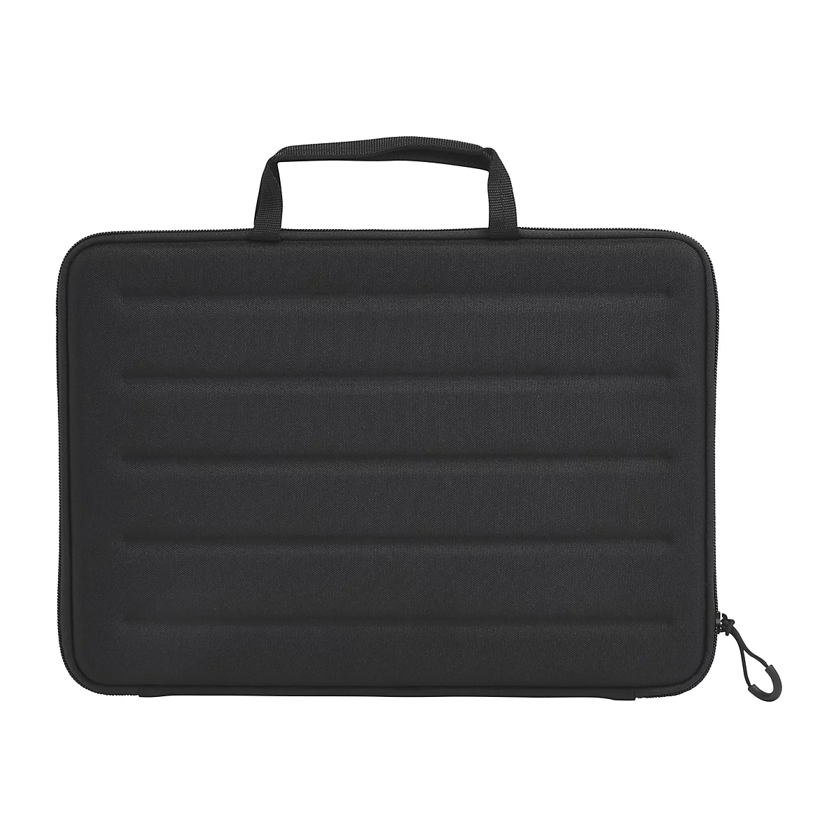 Schwarze Laptoptasche mit horizontalen Rippen und Griff oben.