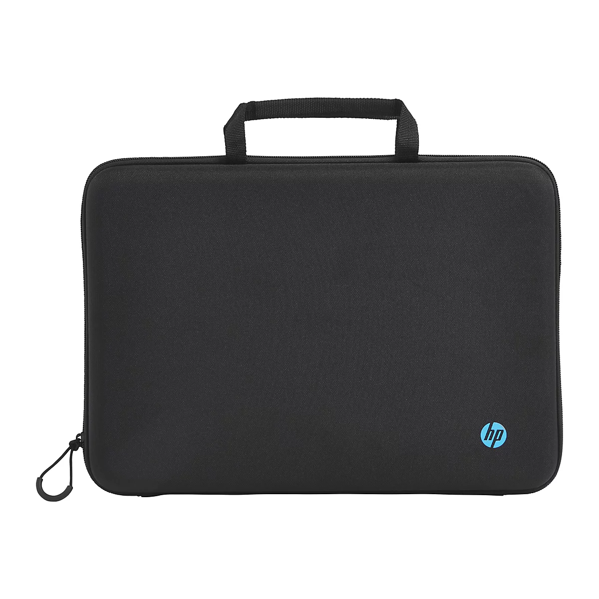 Schwarze Laptoptasche mit Griff. Kleines blaues HP-Logo rechts unten.