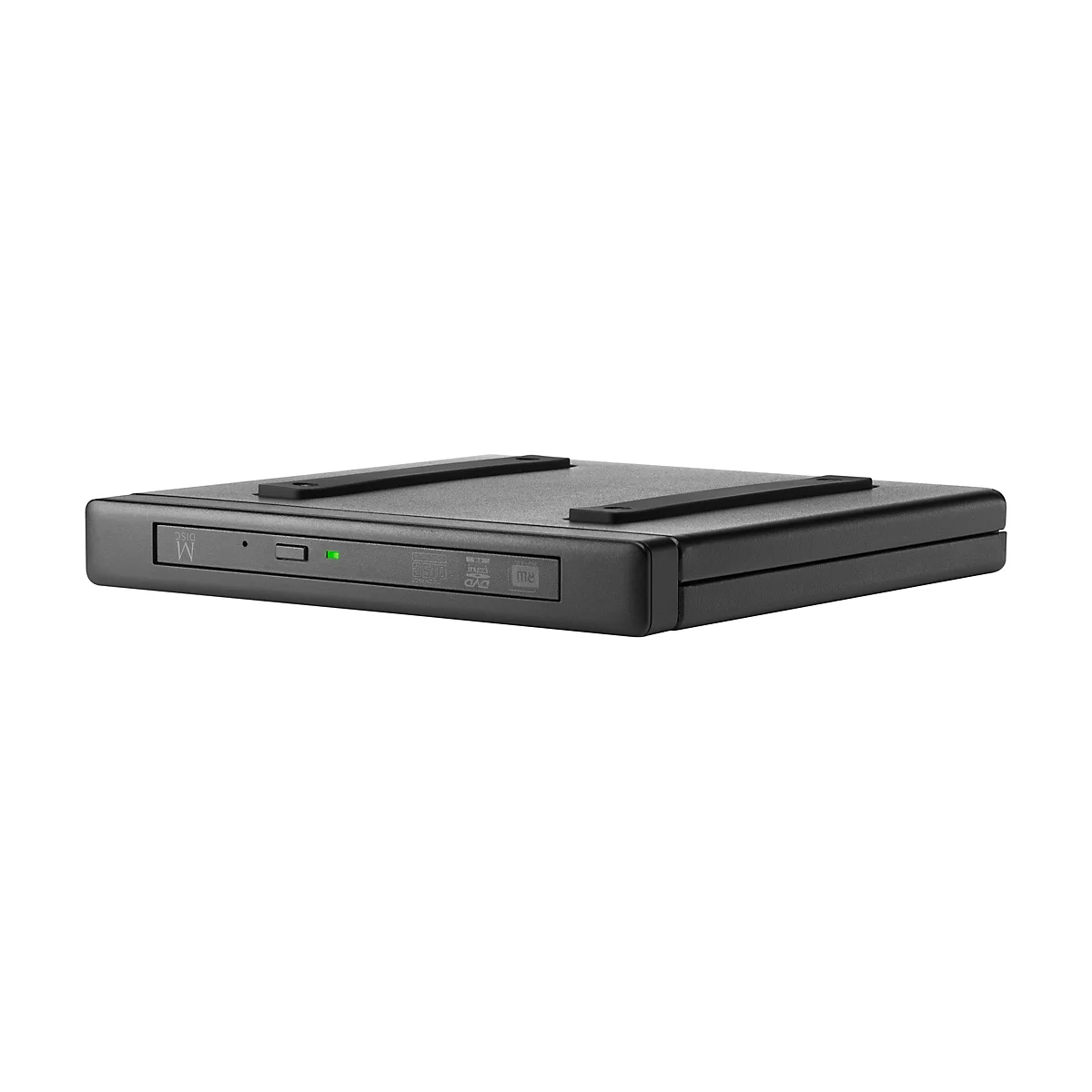 Lecteur DVD noir, lumière verte. Avec inscriptions "DVD", "RW" et "disc".