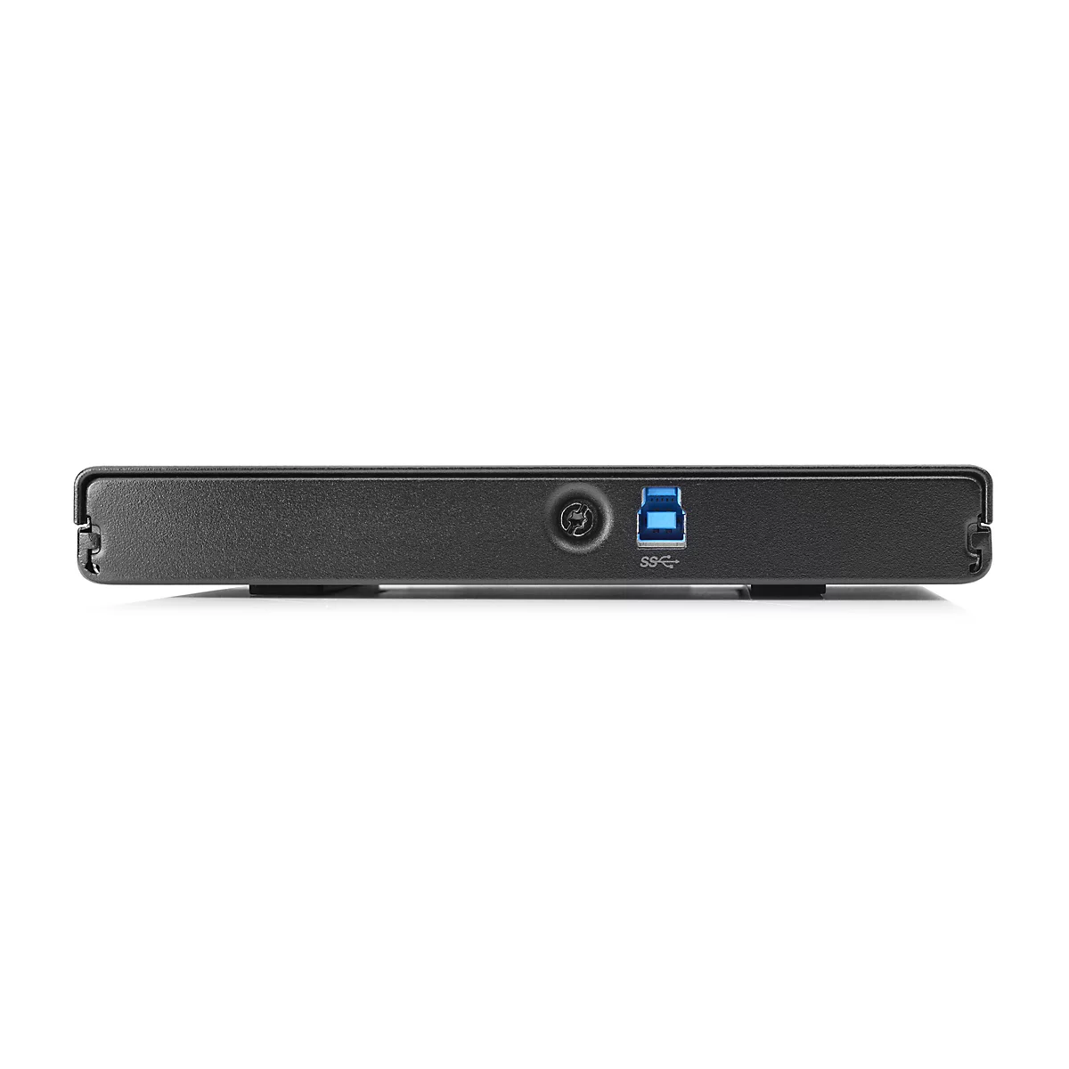 Disque dur noir sur fond blanc. Port USB et logo.