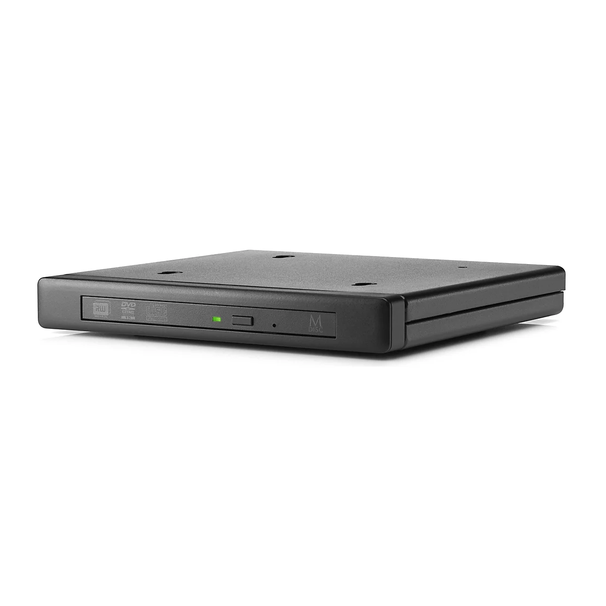 Un lecteur DVD noir sur fond blanc. Il montre la face avant avec le logo DVD, la LED d'alimentation et le logo M-Disc.