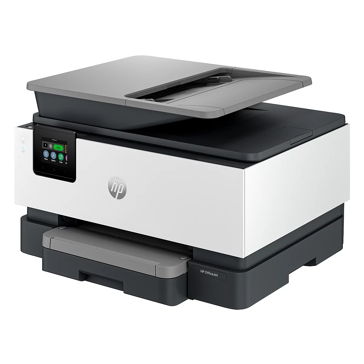 Een wit en zwarte HP all-in-one printer met een open deksel, bedieningspaneel en een open papierlade.