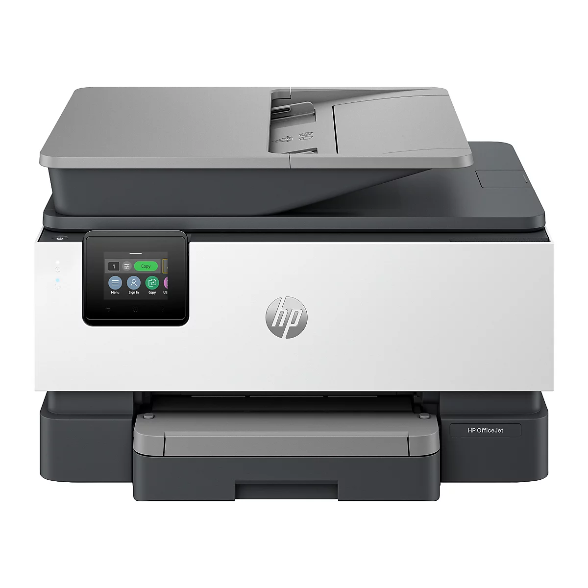 Een wit en grijze HP multifunctionele printer. Aan de voorkant zit een touchscreen, daaronder de papierlade.