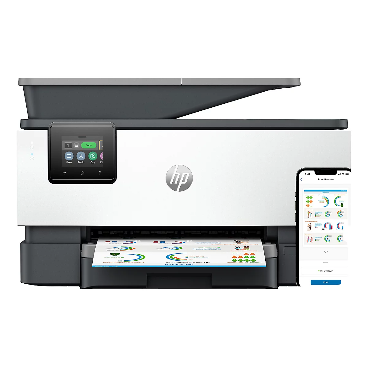 Wit en grijze printer met touchscreen en smartphoneverbinding. De smartphone toont een app-weergave.