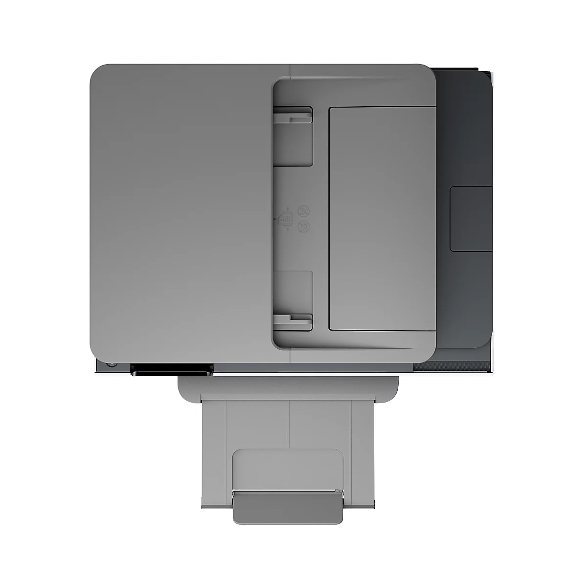 Bovenaanzicht van een grijze printer. Papieruitvoermagazijn aan de onderkant, deksel aan de bovenkant.