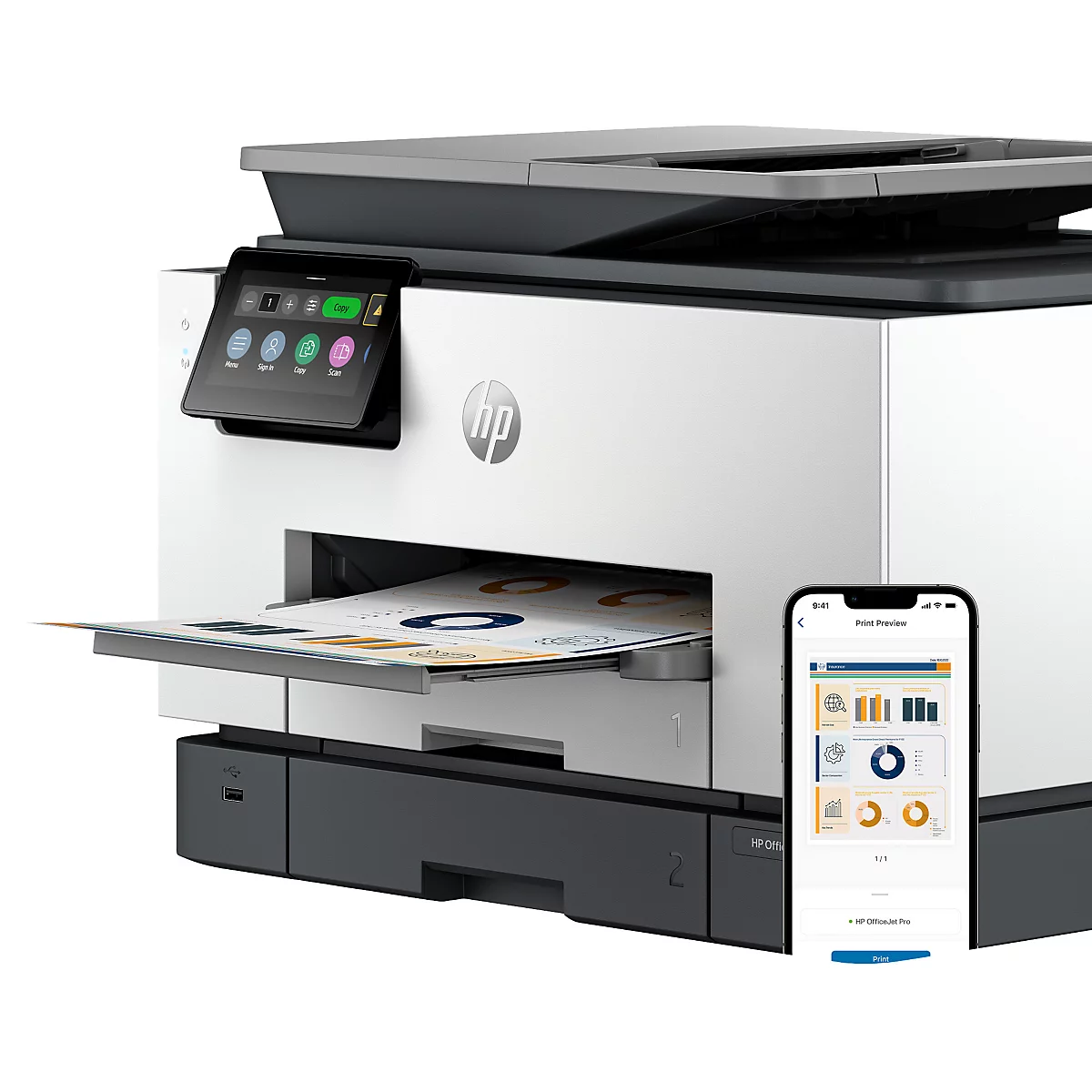 Wit en zwarte HP printer met touchscreen, papieruitvoer en smartphone app representatie.