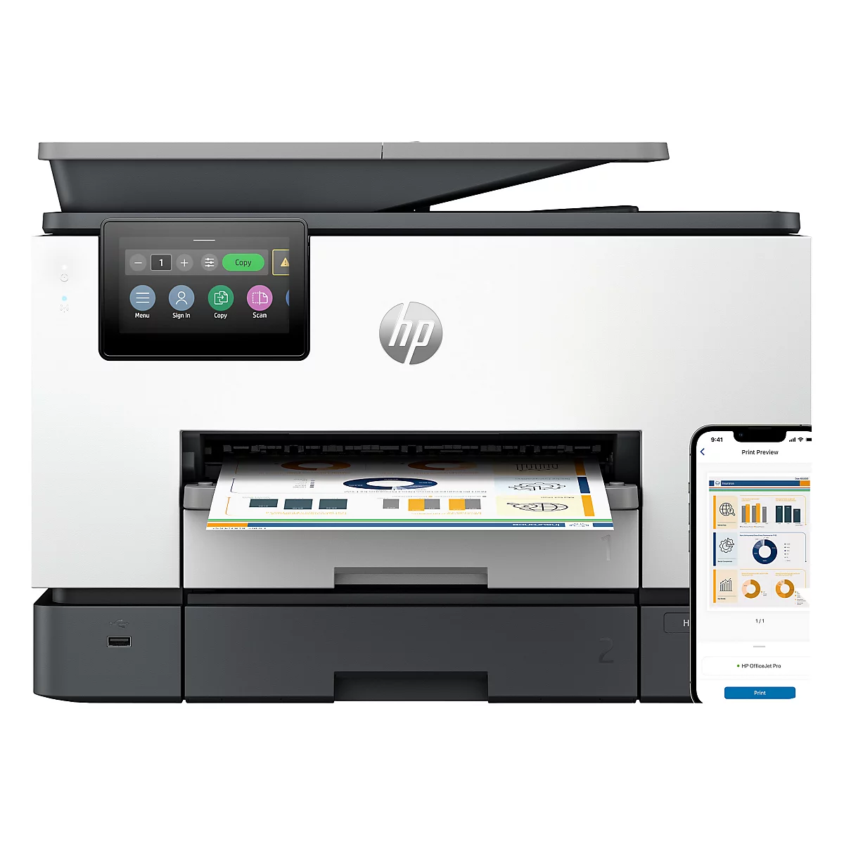 Wit en zwarte HP printer met touchscreen, papieruitvoer en smartphoneverbinding.