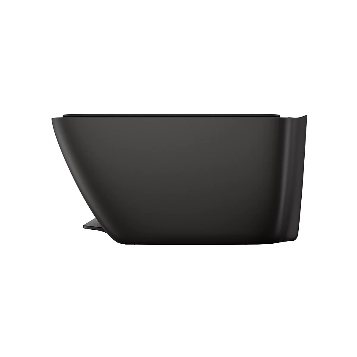 Gros plan d'une boîte noire inclinée avec des bords arrondis, sur fond blanc.