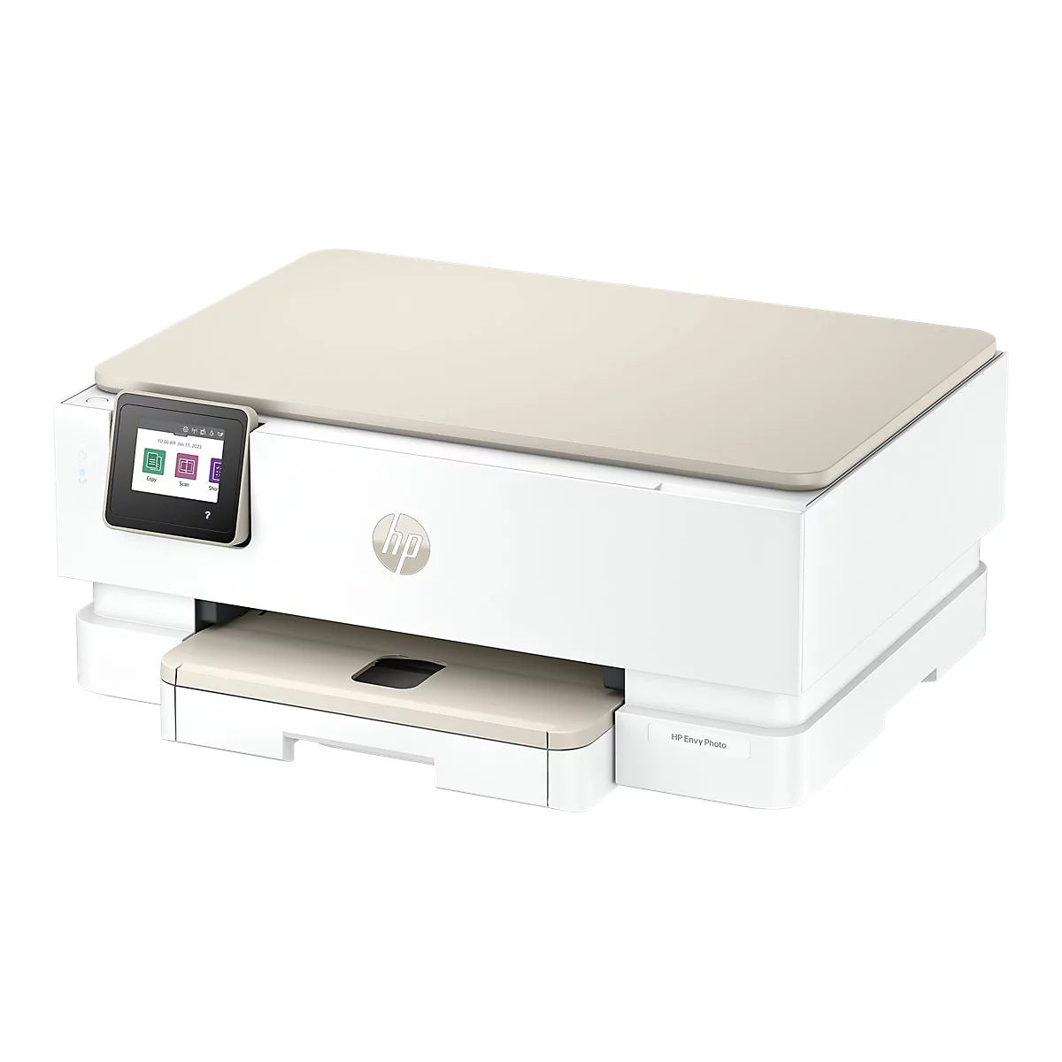 Imprimante HP Envy Photo blanche et beige. Un petit écran tactile se trouve à l'avant, et le logo HP est visible.