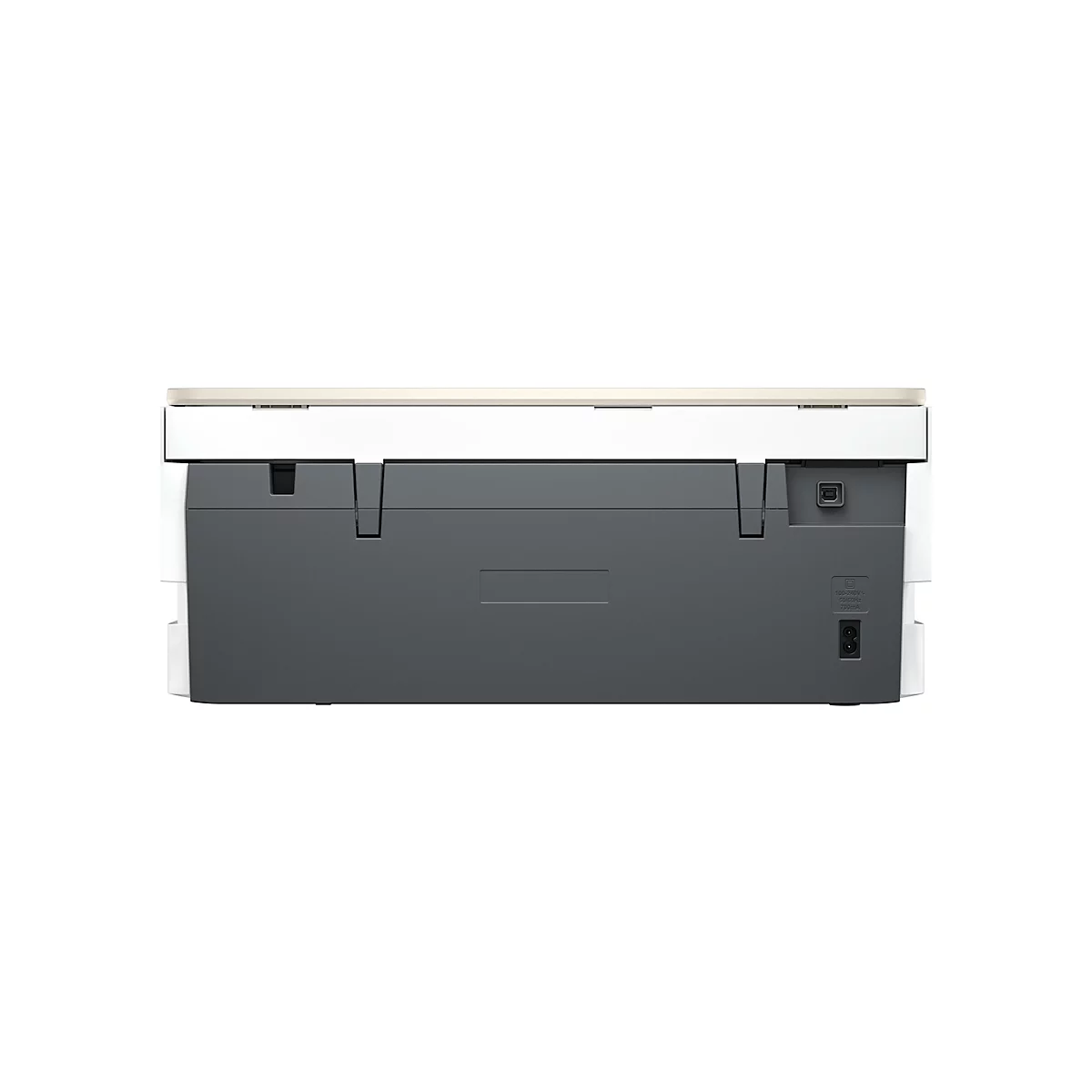 Arrière d'une imprimante avec ports d'alimentation et USB. Les pièces sont blanches, gris clair et gris foncé.