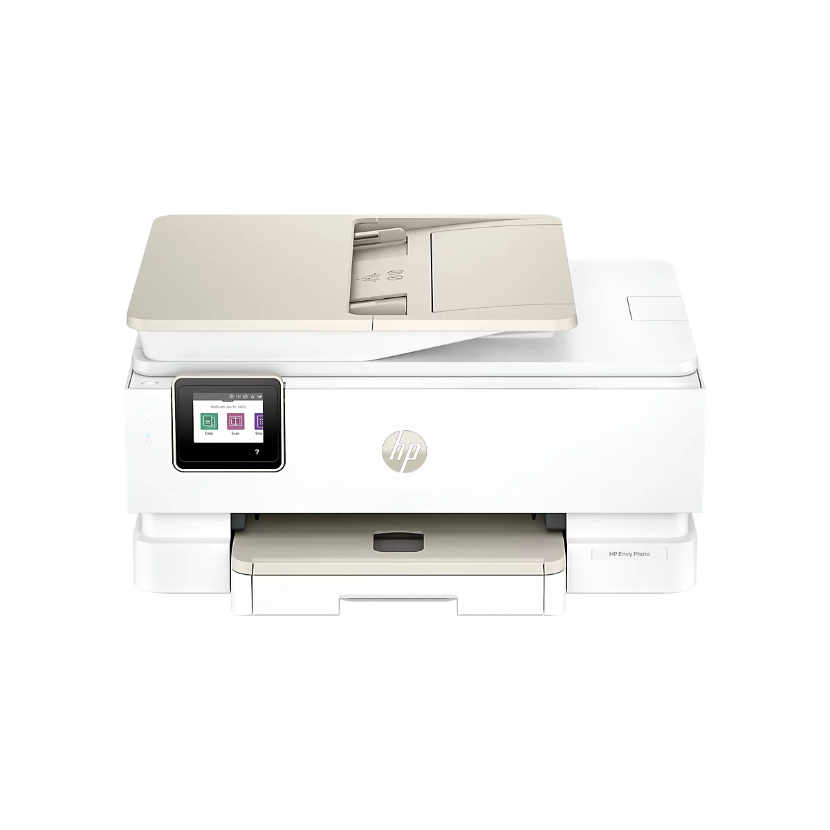 Imprimante HP Envy Photo blanche avec un couvercle beige. L'écran affiche des options telles que copier et numériser.