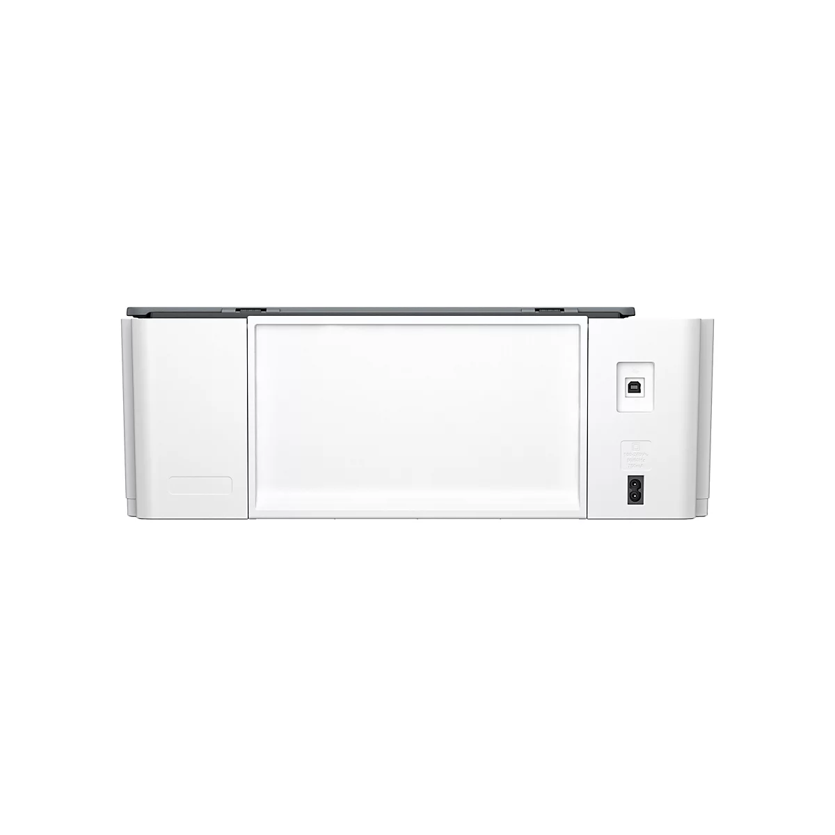 Vue de dessus d'une imprimante blanche. Il y a des ports pour l'alimentation et les câbles USB à l'arrière.