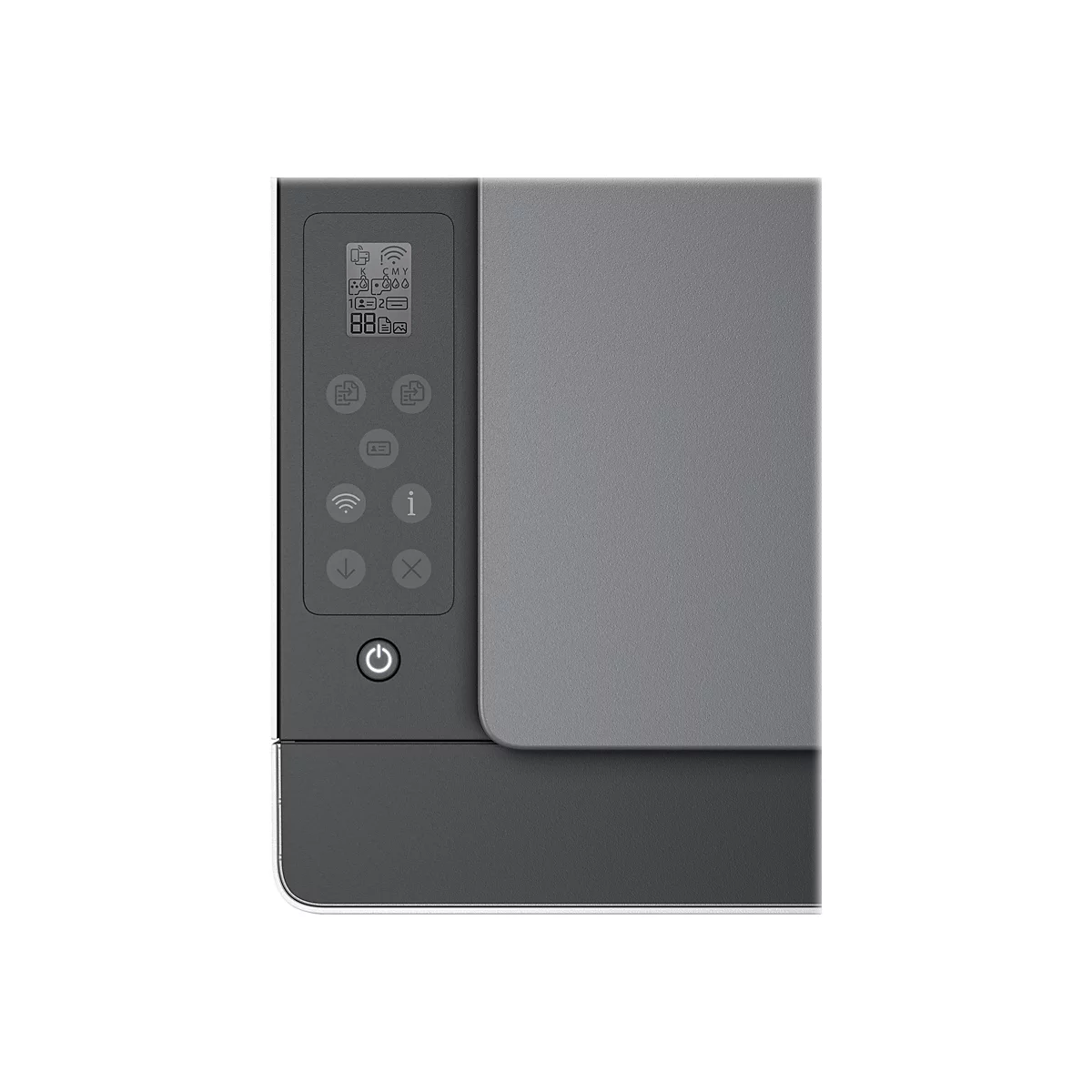 Gros plan d'une imprimante grise avec écran et commandes. L'écran affiche des icônes.