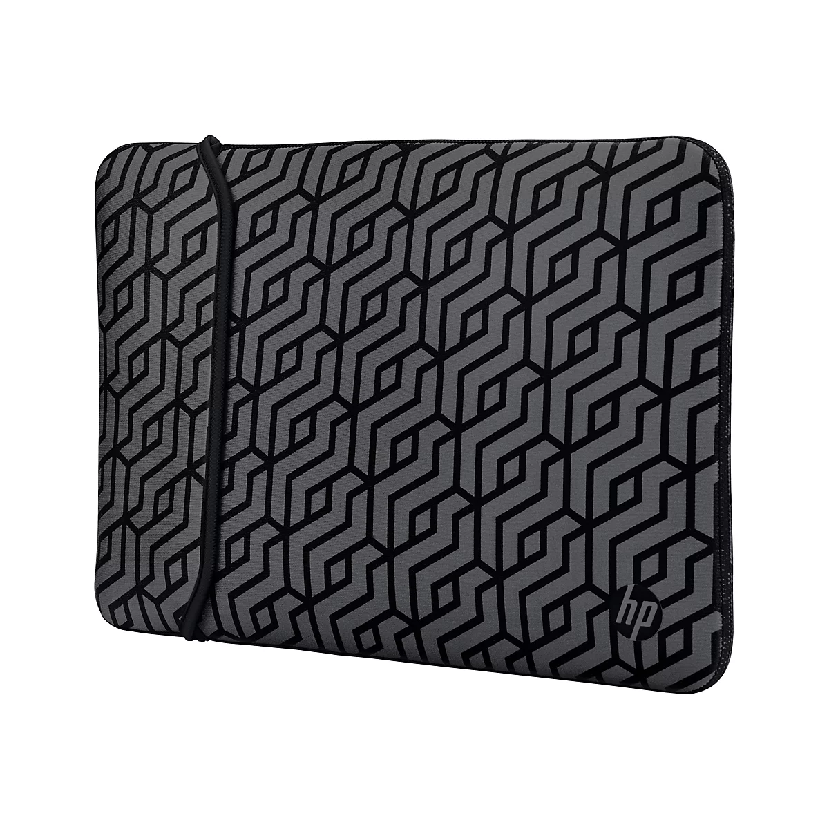 Graue Laptoptasche mit schwarzem geometrischen Muster. Auf der Tasche ist ein Logo von HP.