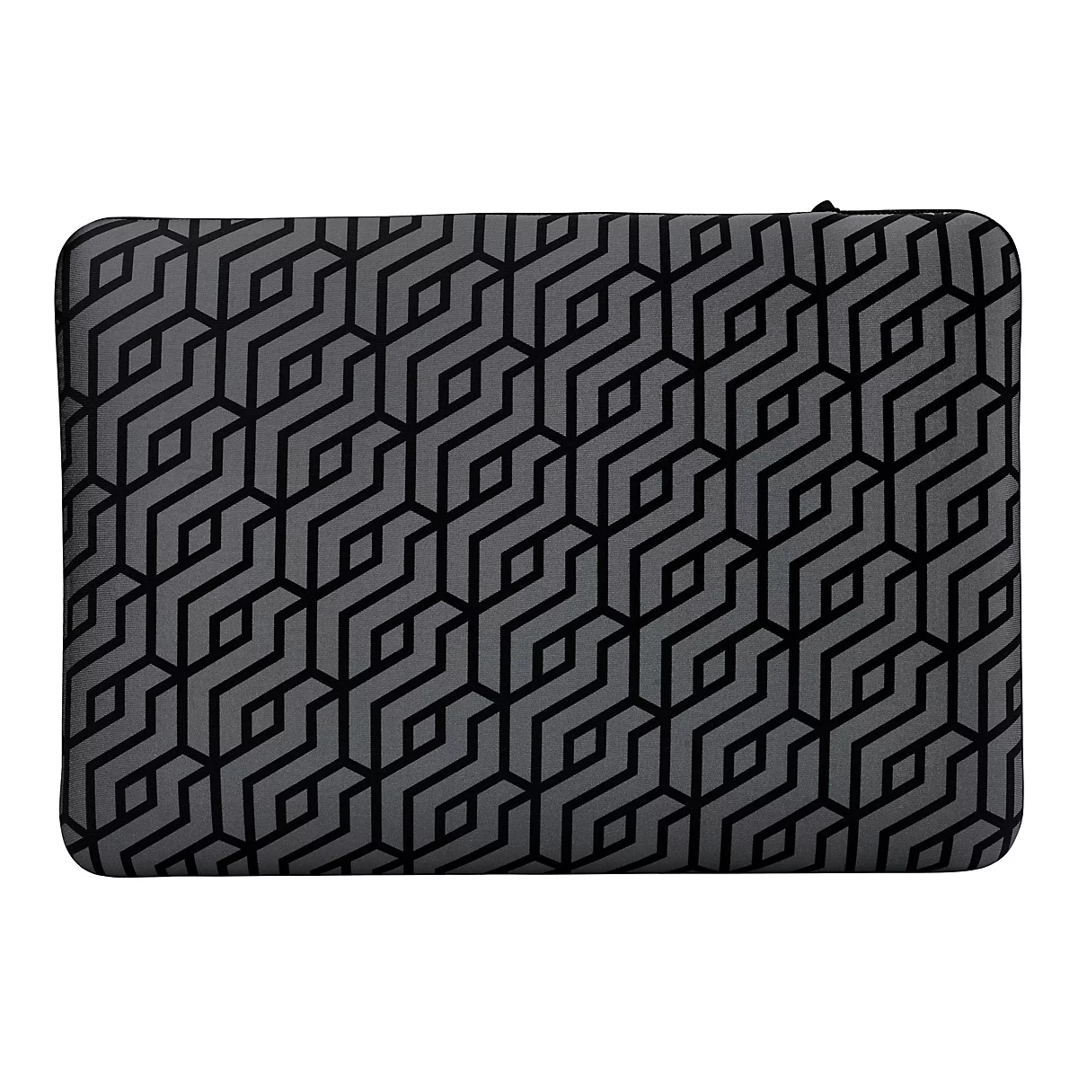 Graue Laptoptasche mit schwarzem geometrischen Muster.