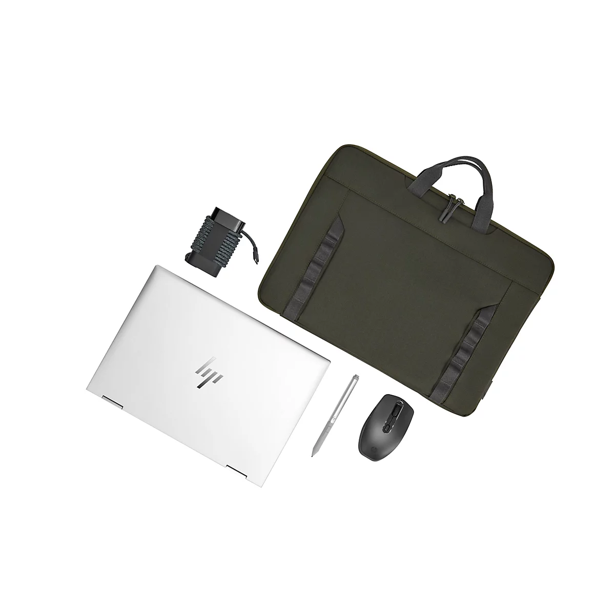 Laptop, Laptoptasche in Olivgrün, Maus, Stift und Ladegerät auf weißem Hintergrund.