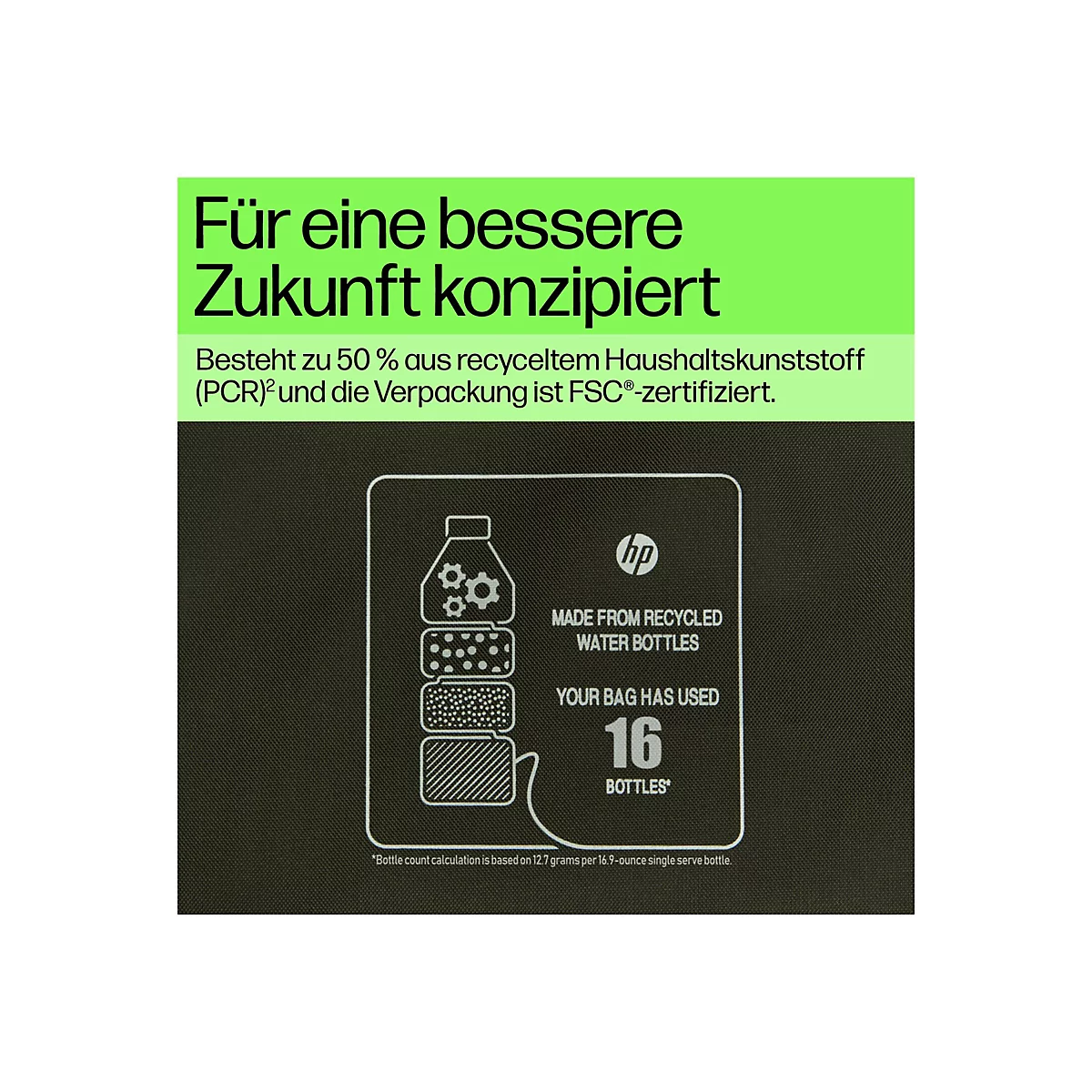 Infografik: Produkt aus recyceltem Kunststoff, gefertigt aus 16 Wasserflaschen, mit FSC-zertifizierter Verpackung.