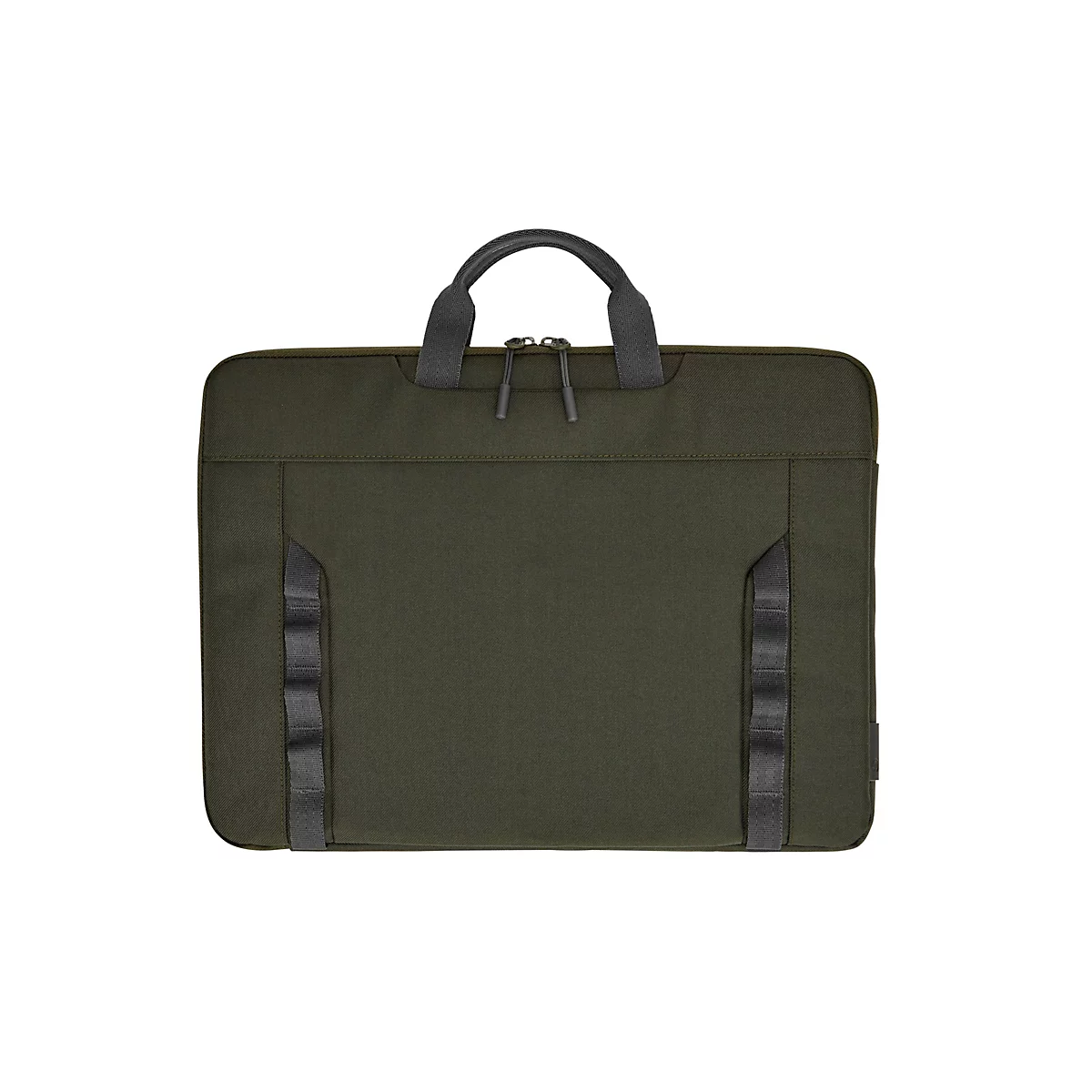 Flache, olivgrüne Laptoptasche mit Tragegriffen und zwei vertikalen Schlaufenbändern vor weißem Hintergrund.