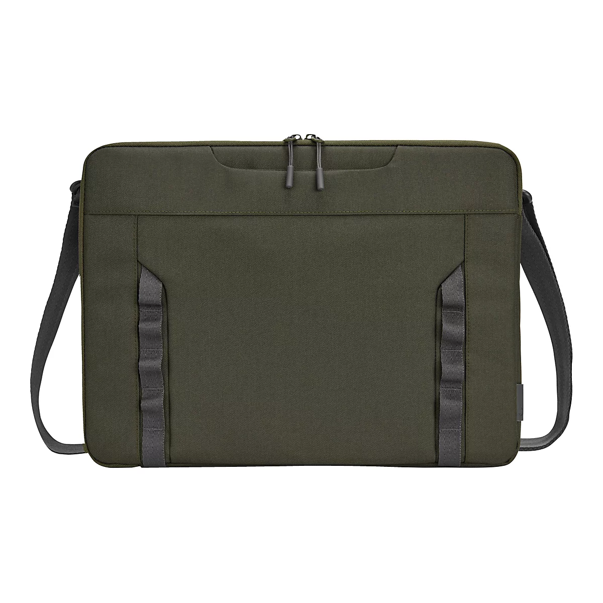 Eine olivgrüne Laptoptasche mit Schultergurt vor weißem Hintergrund.