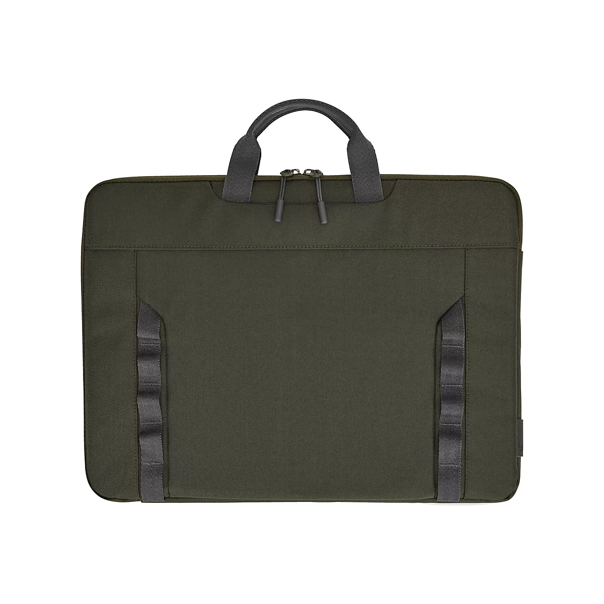 Dunkelgrüne Laptoptasche mit zwei schwarzen Trägern und Reißverschlüssen oben. Graue Details an den Seiten.