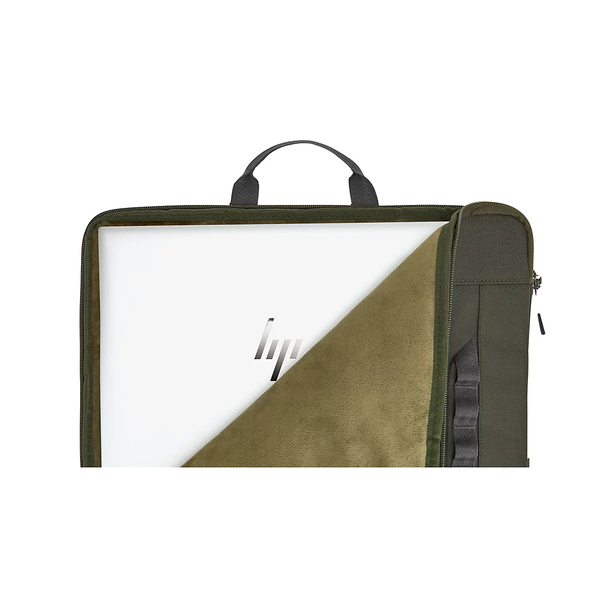 Eine Laptop-Tasche in Olivgrün, die einen Laptop mit HP-Logo enthält.