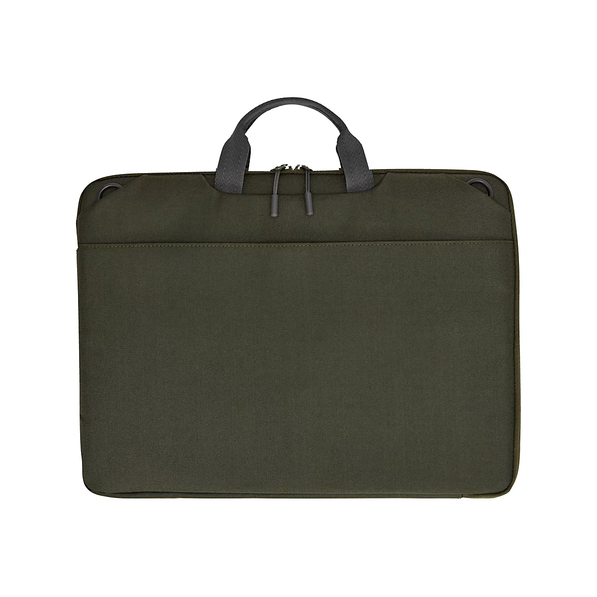 Dunkelgrüne Laptoptasche, mit zwei Tragegriffen und Reißverschluss.