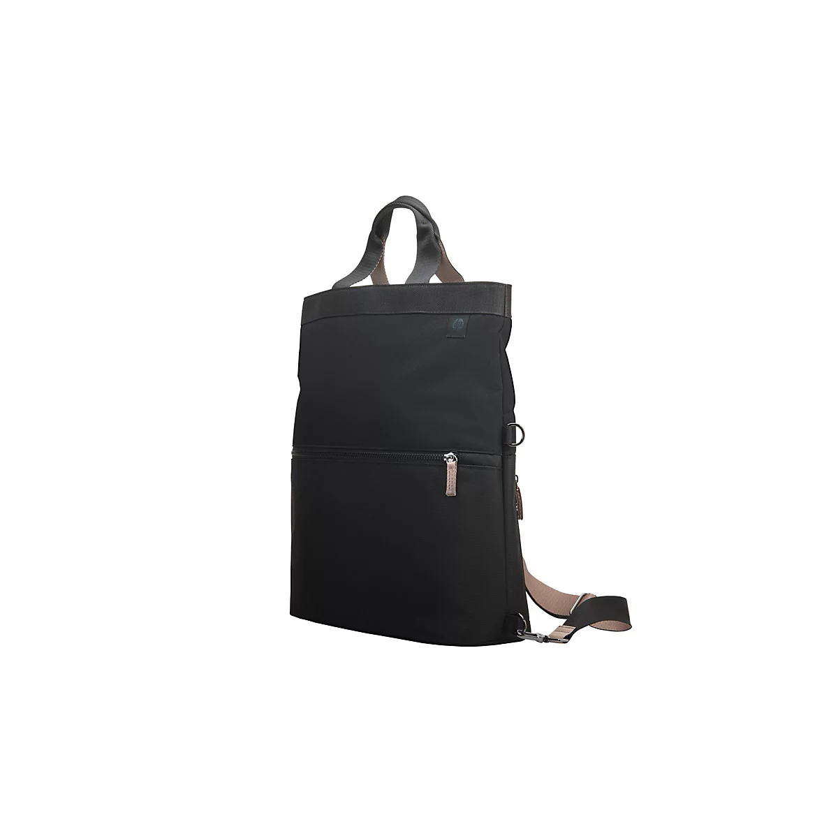 Schwarze Schultertasche mit Tragegriff. Reißverschluss, verstellbarer Riemen. Dunkler Hintergrund.