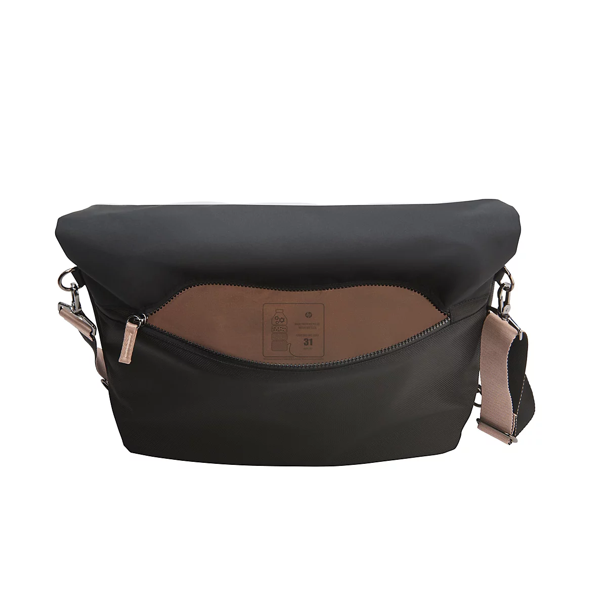 Schwarze Umhängetasche mit braunem Innenfutter. Reißverschluss, verstellbarer Riemen und Logo.
