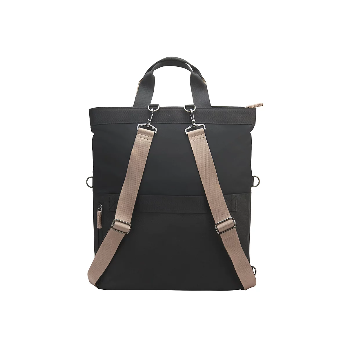 Schwarzer Rucksack mit beigefarbenen Trägern, auf weißem Hintergrund.