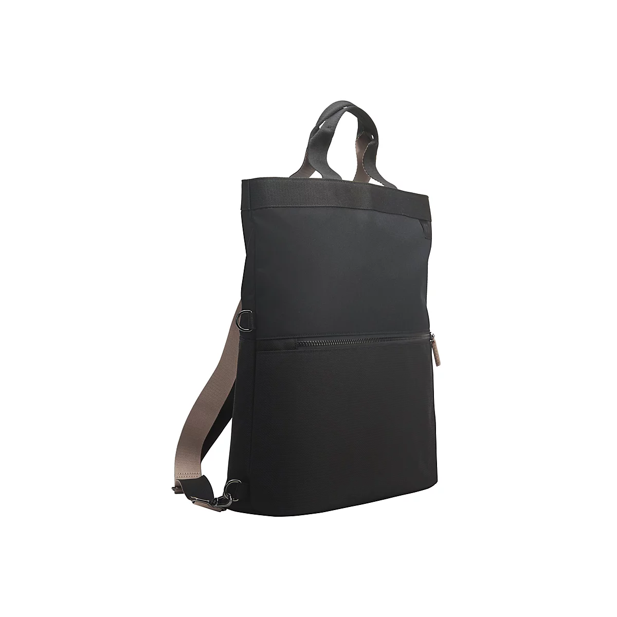 Schwarzer Rucksack mit Henkel und Reißverschluss. Schulterriemen hellbraun.