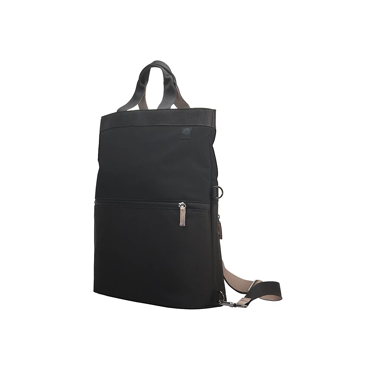 Schwarzer Rucksack mit Henkel und Schulterriemen. Reißverschluss-Details. HP Logo.