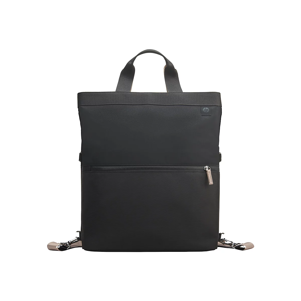 Schwarzer Rucksack mit Tragegriff, Reißverschluss, HP Logo.