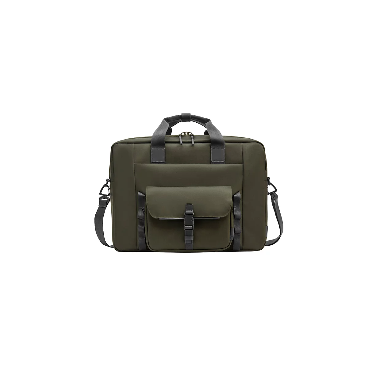 Olivefarbene Laptoptasche mit Tragegriffen, Schultergurt und aufgesetzter Vortasche mit Schnallenverschluss.