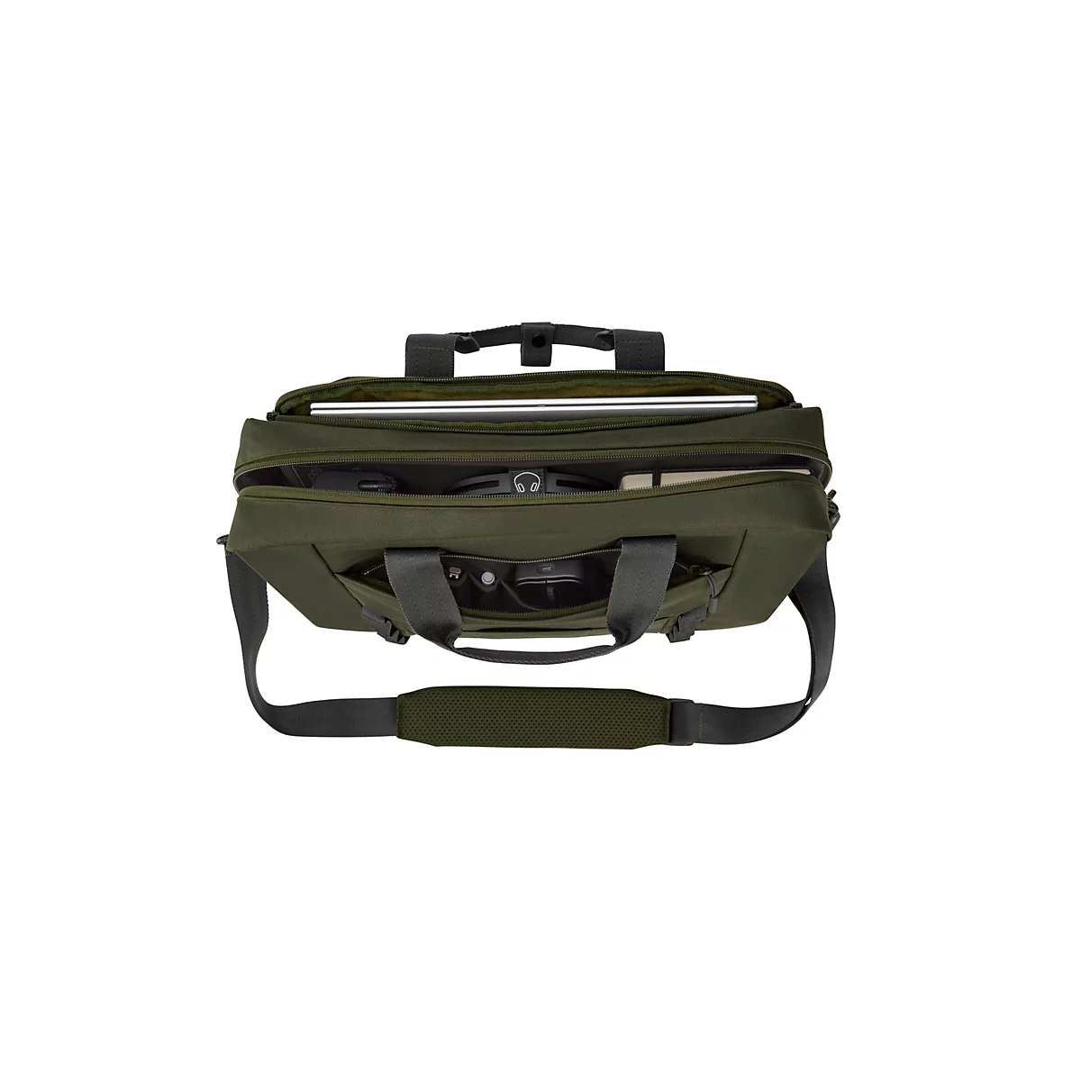 Von oben geöffnete, olivgrüne Laptoptasche mit Organizer-Fächern für technisches Zubehör.