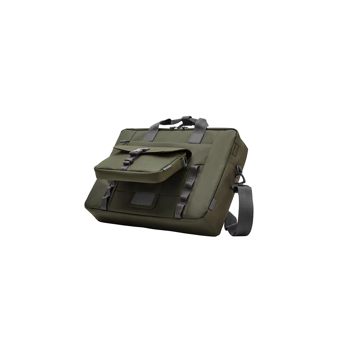 Olivgrüne Laptoptasche mit aufgesetzter Fronttasche, Tragegriffen und Schultergurt vor weißem Hintergrund.