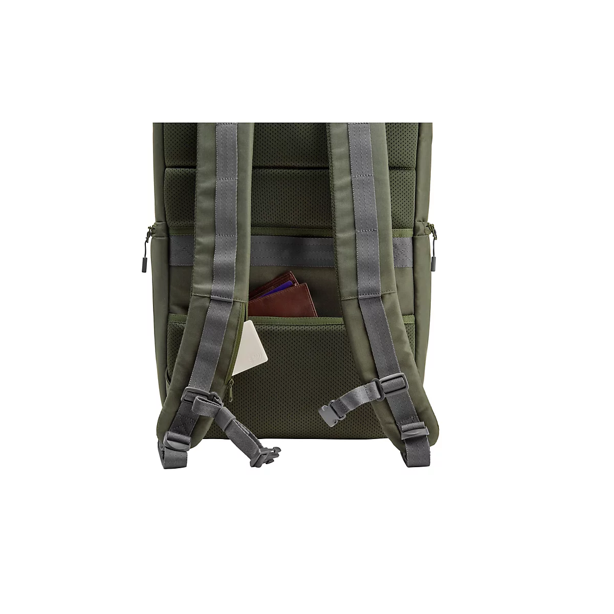 Rückseite eines olivgrünen Rucksacks mit gepolsterten Trägern und verstecktem Fach mit Geldbeutel.