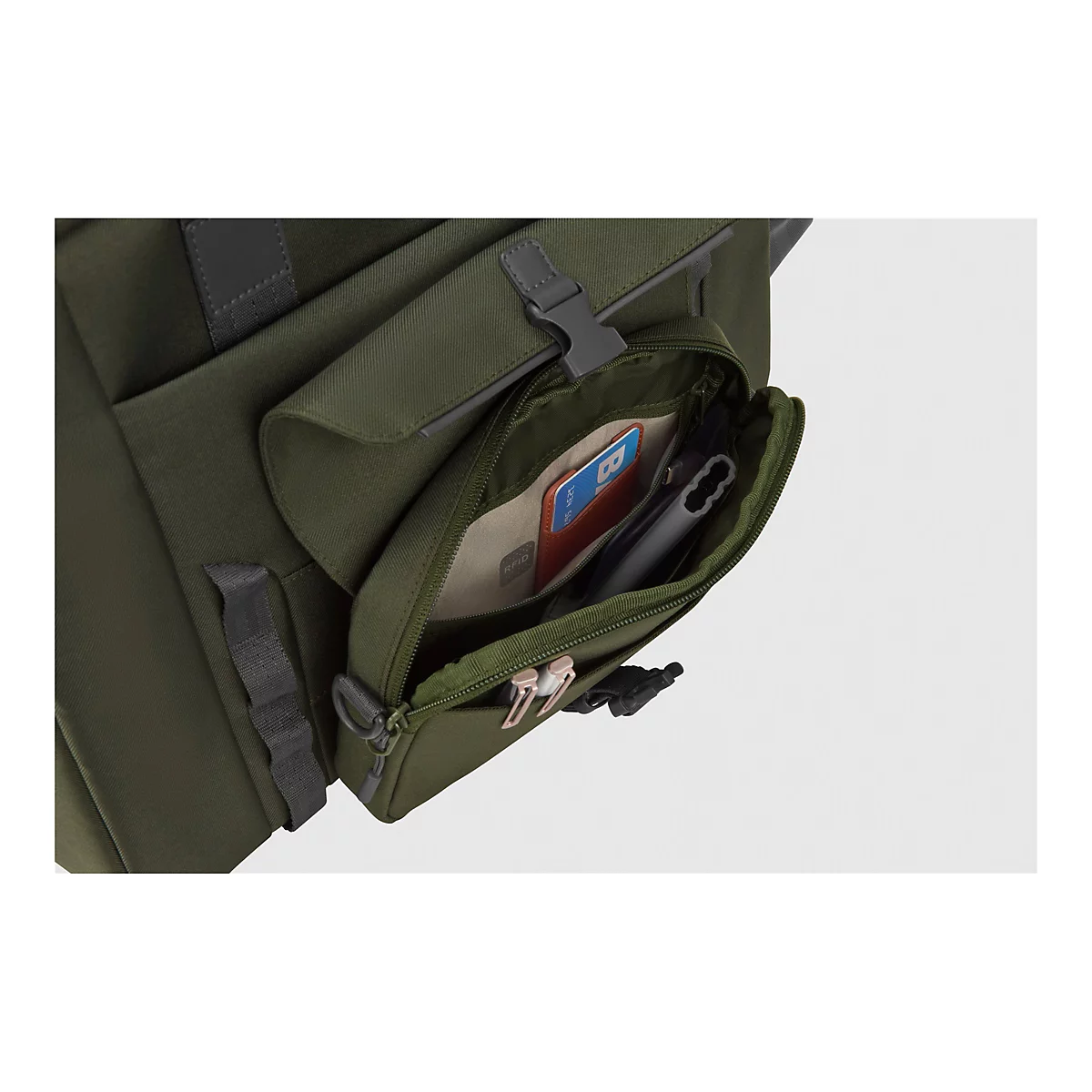 Nahaufnahme einer olivgrünen Tasche mit offenem Fach. Sichtbar sind ein Kartenfach, ein Handy und ein kleines Kabel. Das Fach ist mit einem Reißverschluss versehen.