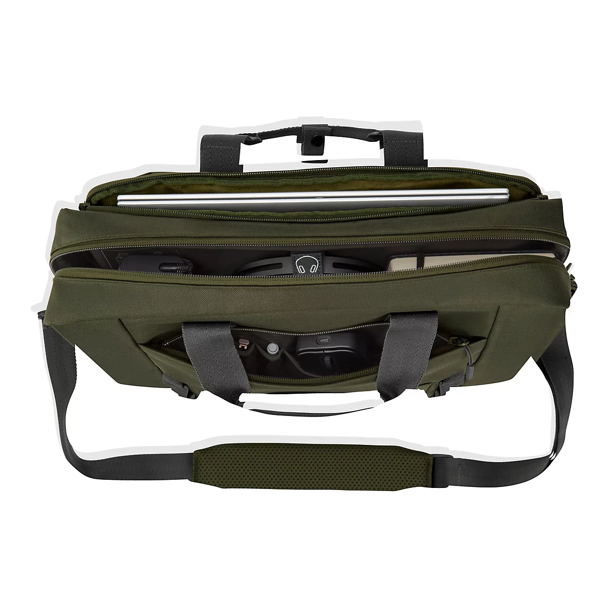 Grüne Laptoptasche mit Reißverschluss, gefüllt mit Laptop, Kopfhörern und Zubehör.