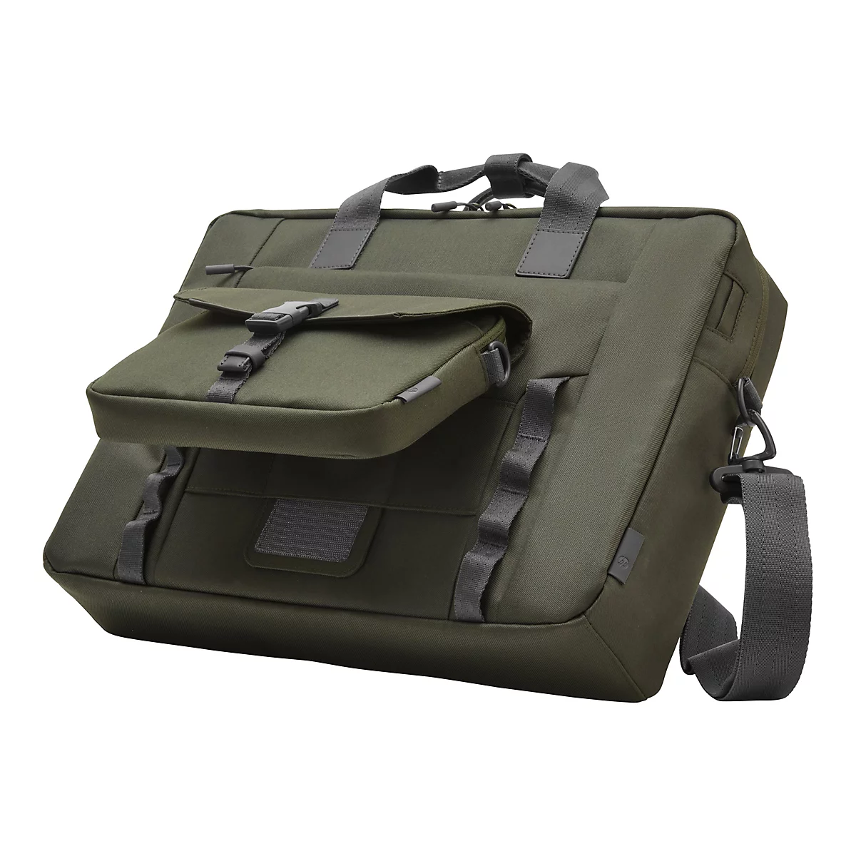 Eine olivgrüne Aktentasche, aus Stoff mit grauen Details, vor weißem Hintergrund. Mit Griff und Schultergurt, sowie einer kleinen Tasche auf der Vorderseite.