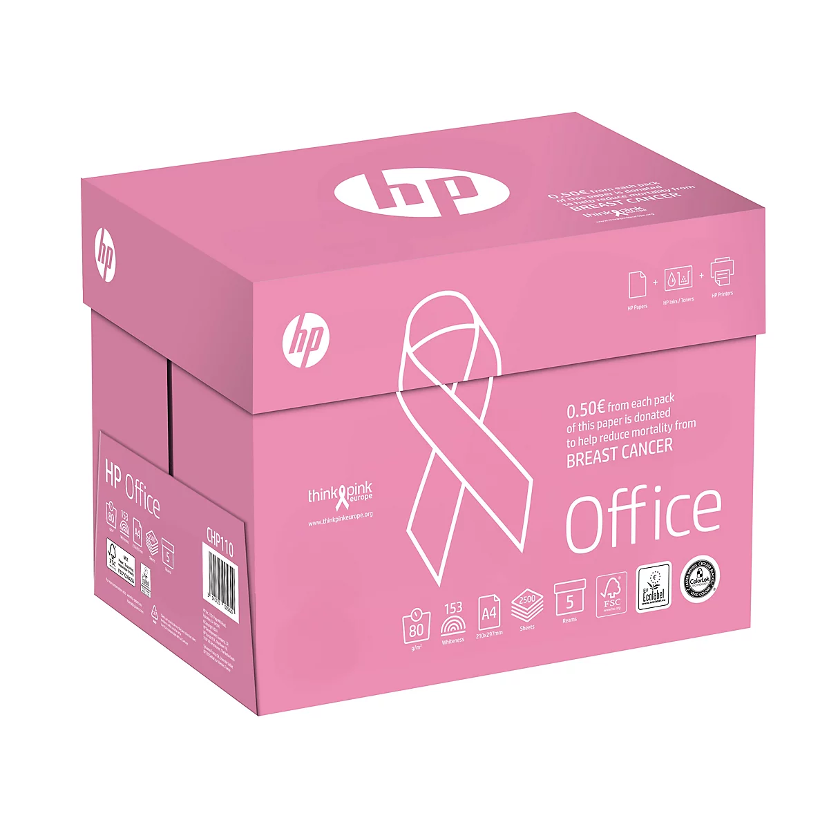 Boîte de papier HP Office rose avec logo, ruban de sensibilisation au cancer du sein et texte. "0,50€ par paquet est reversé..."