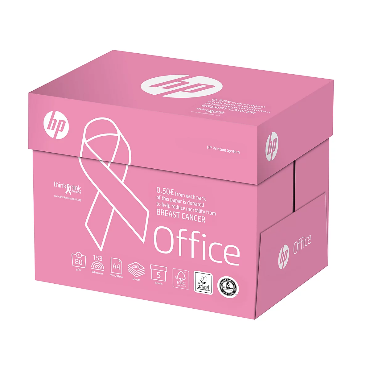 Boîte de papier rose HP avec logo blanc et ruban rose du cancer du sein. Inscriptions : "Office", "Think Pink" et "0,50€ par paquet pour lutter contre le cancer du sein".