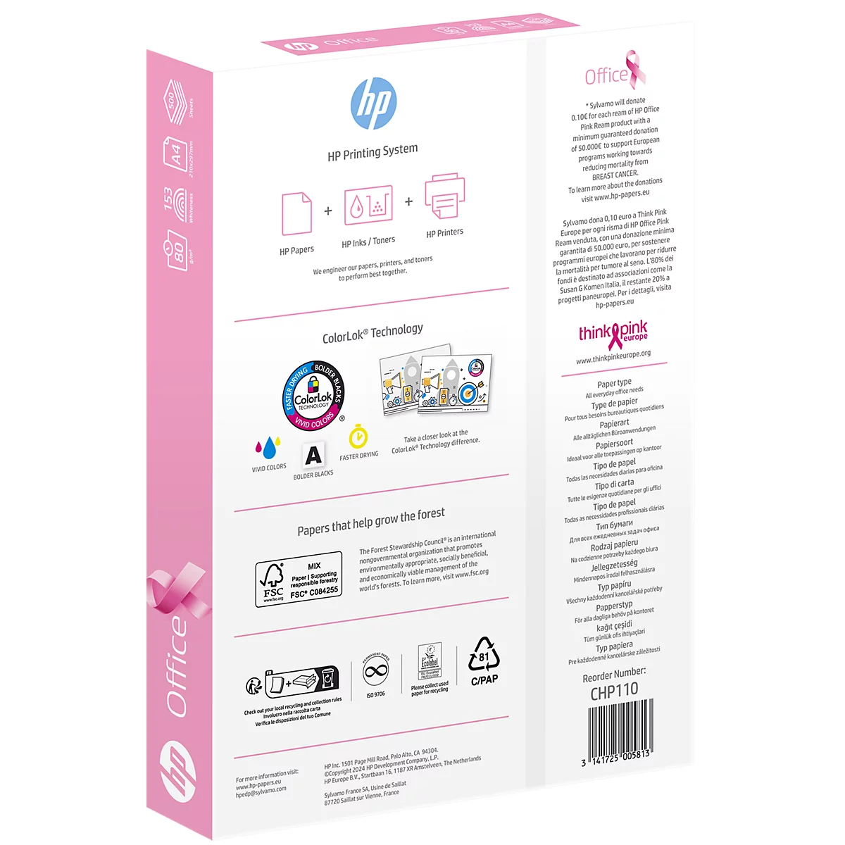 Dos de la boîte de papier de bureau rose HP avec texte et logos. Étiquettes "Office", "HP", "ColorLok" et "Think Pink".