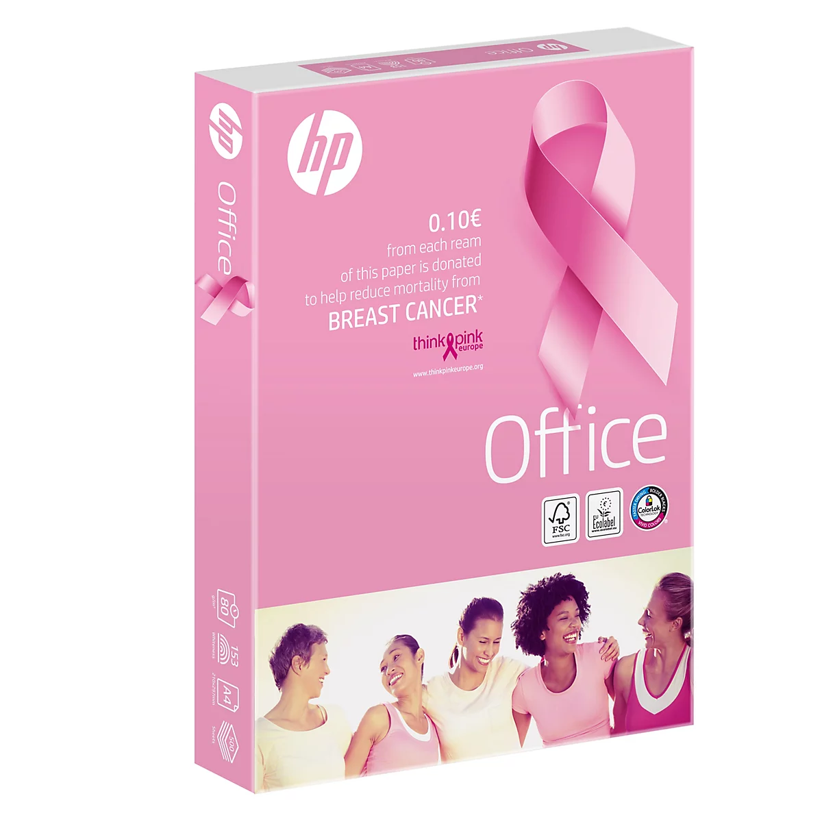 Paquet de papier rose HP Office, avec logo ruban rose pour la sensibilisation au cancer du sein et promesse de don.