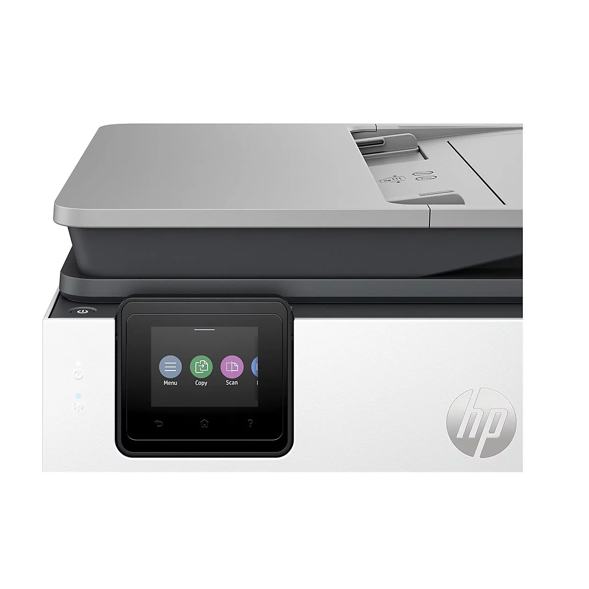 Gros plan sur une imprimante HP blanche avec un écran tactile et le logo HP. L'écran affiche des options telles que menu, copier et numériser.