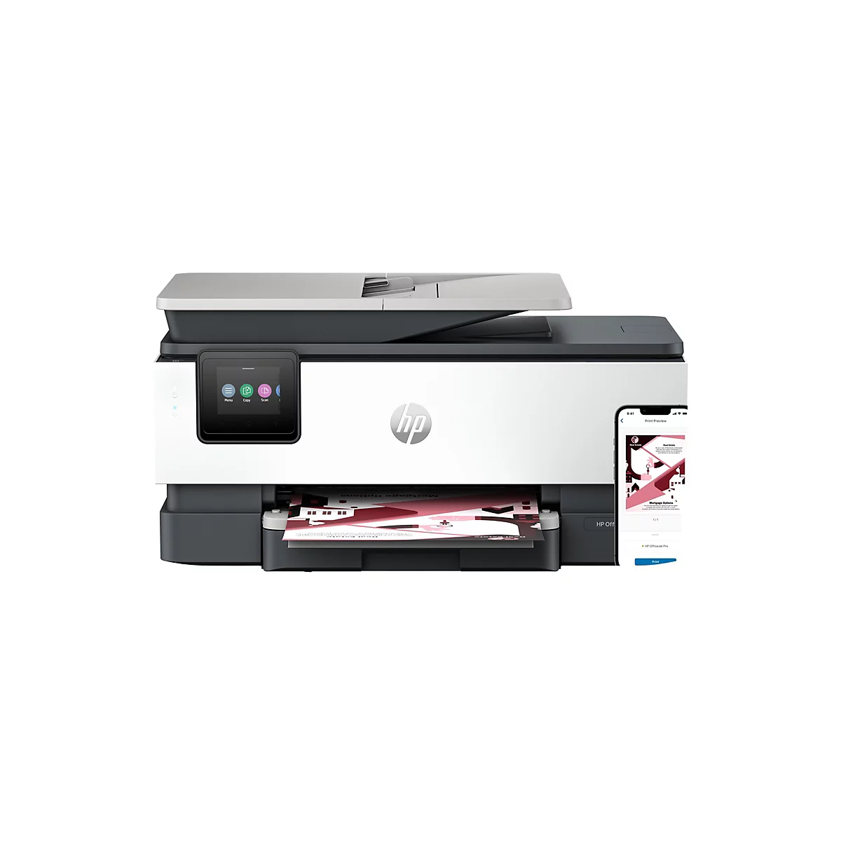 Une imprimante HP Officejet Pro blanche, noire et grise avec un écran tactile affichant les options menu, copier et scanner. À côté, un smartphone affiche un aperçu d'impression affichant un graphique pour "Options de prêt immobilier."