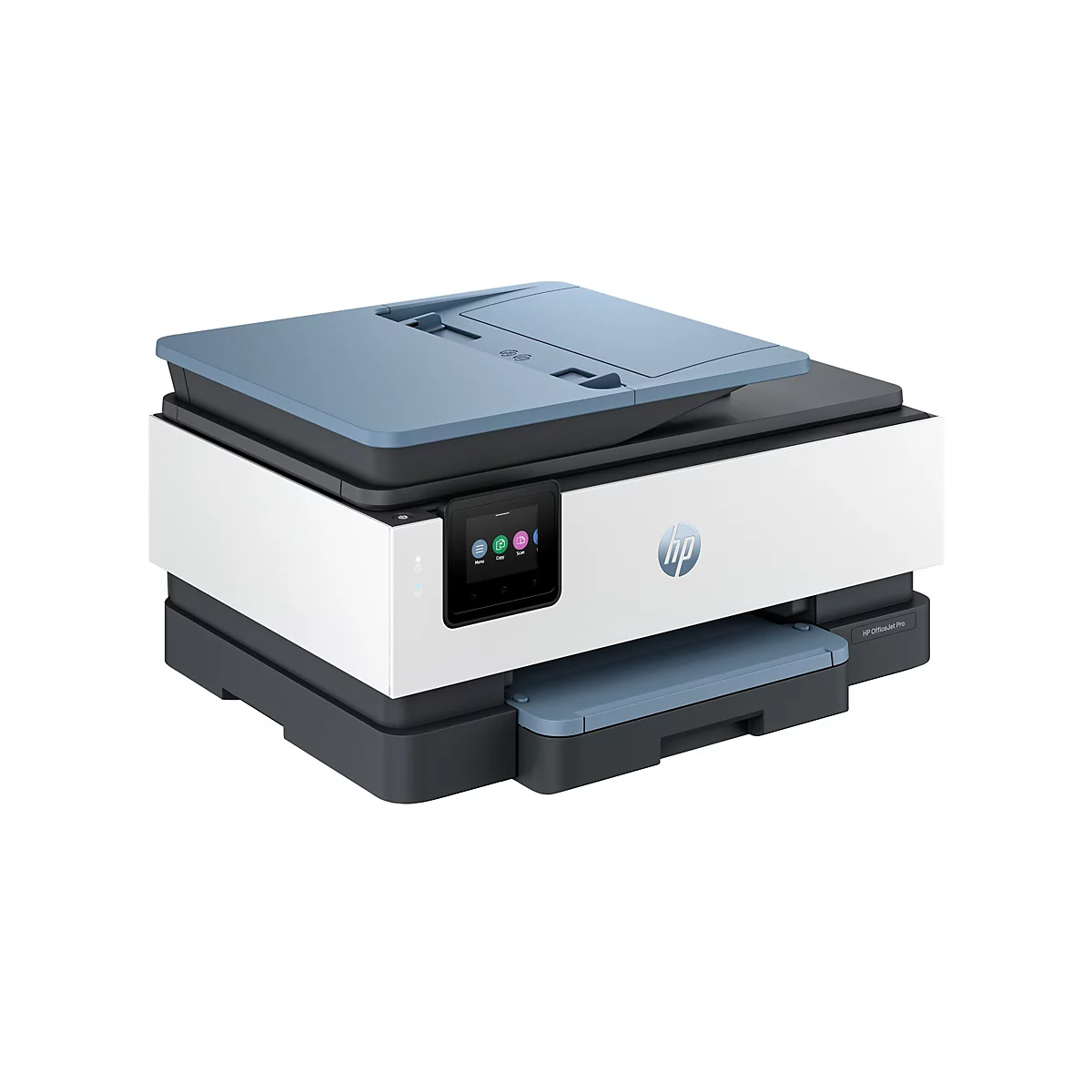 Kompakter HP OfficeJet Pro Drucker in Weiß und Dunkelgrau mit blauem Deckel vor weißem Hintergrund.
