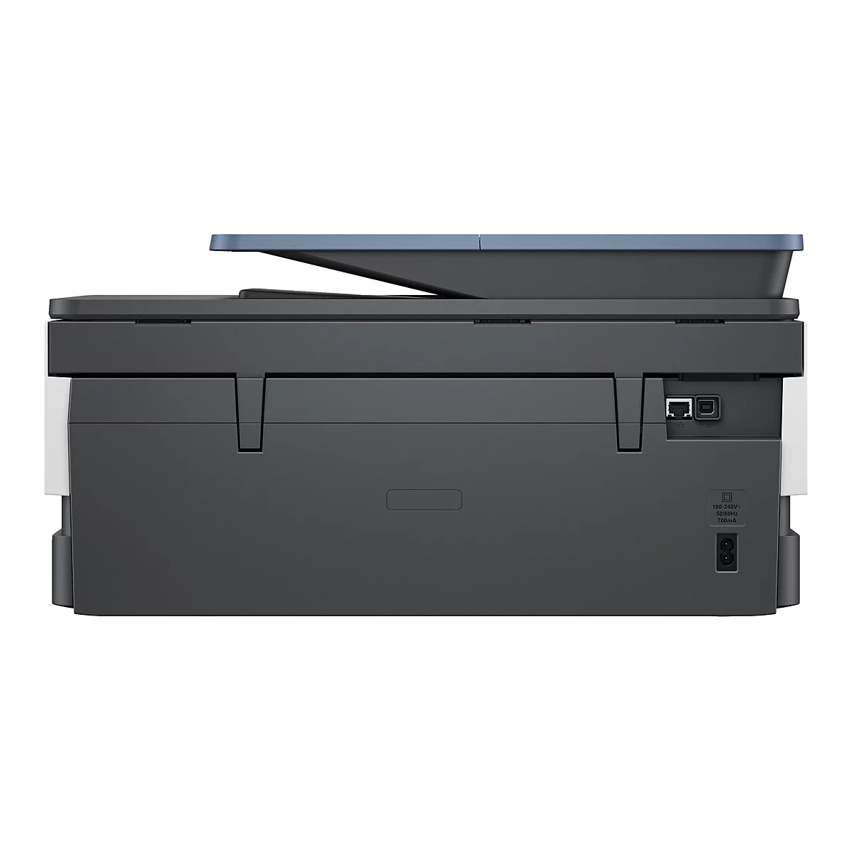 Drucker von hinten, dunkelgrau mit blauem Deckel. Anschlüsse: Ethernet, USB, Strom.